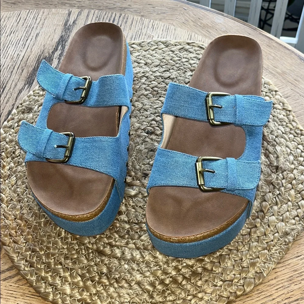 Blue Platform Sandals with Buckle Detail